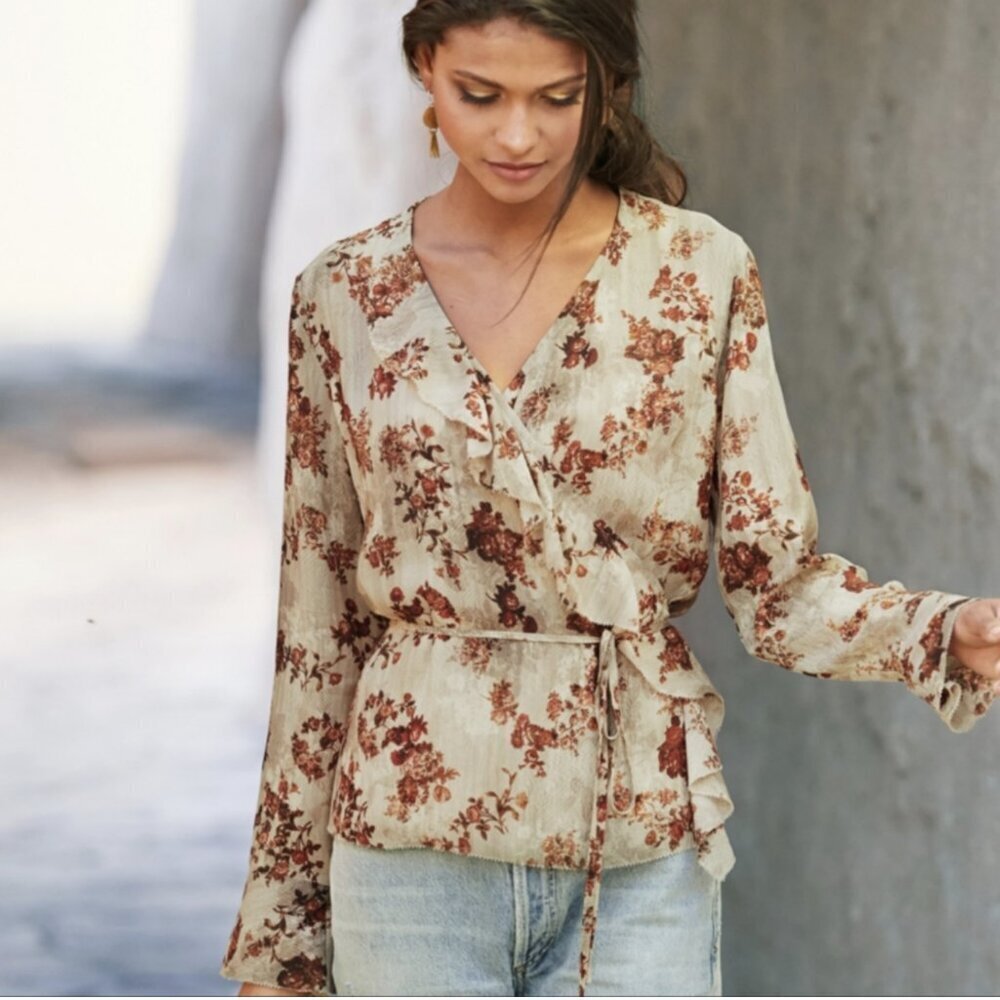 Peruvian Connection Beige Rusty Brown Floral Long Sleeve Ruffle Wrap Blouse Top